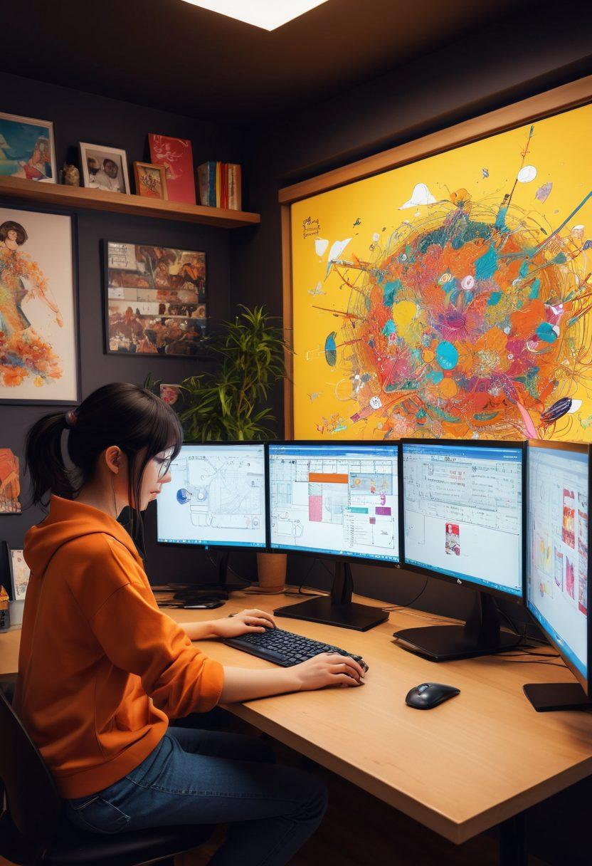 A creative workspace showcasing a UI design team at work, featuring anime-inspired characters on computer screens, design sketches scattered around, and vibrant colors in the decor. Include elements of the jsPlumb framework with colorful, connected nodes and lines on a digital interface. Blend aspects of anime art with modern web development tools, illustrating the fusion of cultures. super-realistic. vibrant colors. digital art.