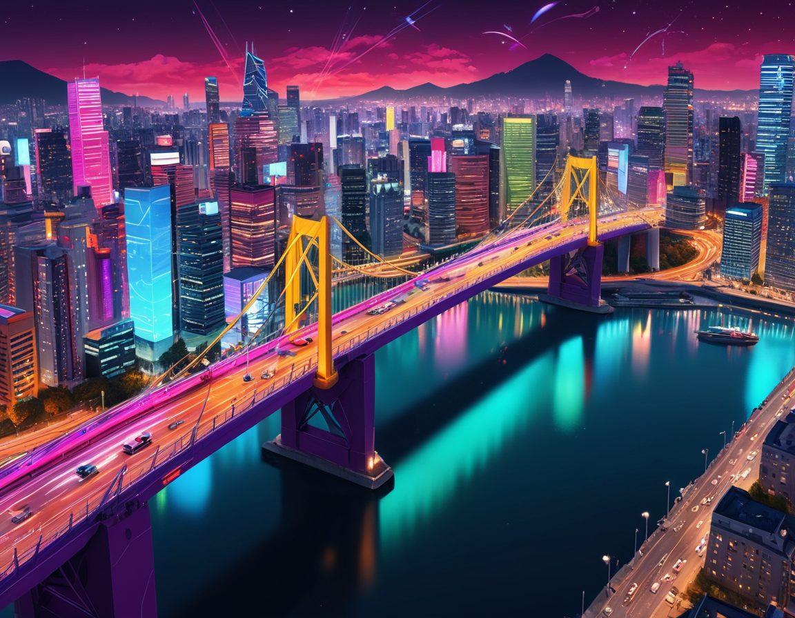A vibrant web design interface showcasing interactive elements inspired by Hentai culture, with colorful animations and playful characters. Include floating bridges symbolizing connection, jsPlumb code snippets creatively integrated into the background, all set against a lively futuristic cityscape. The colors should be bold and captivating, drawing the viewer's attention to the unique blend of culture and technology. super-realistic. vibrant colors. 3D.
